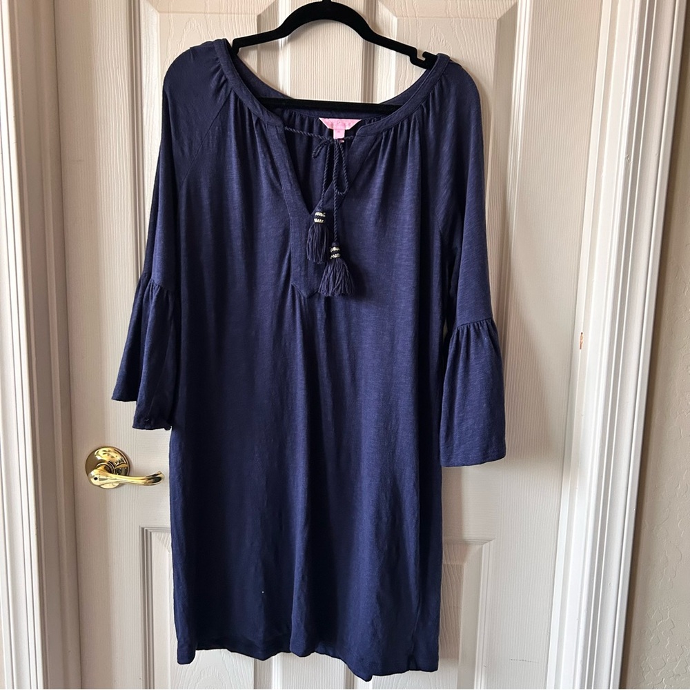 Lilly Pulitzer Blue Del Lago 3/4 Bell Sleeve Tie Front Tunic, Size M